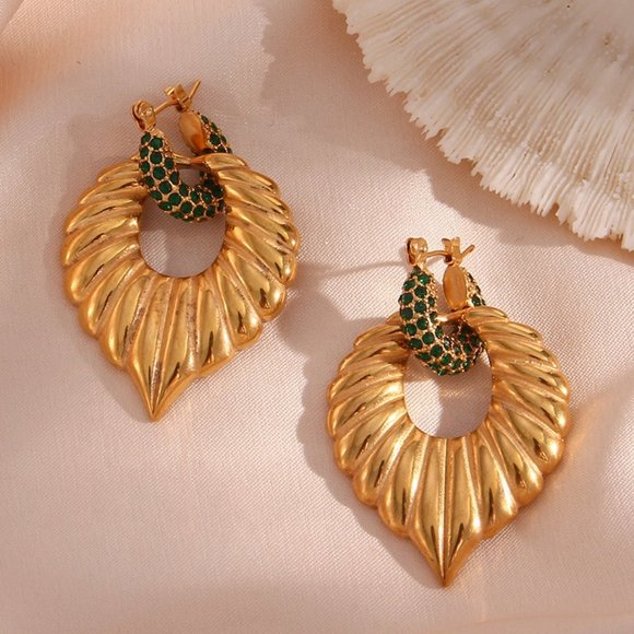 Green Zircon Micro Pave Chunky Palm Leaf Drop Statement Earrings 18K Gold Plated - Picture 1 of 7